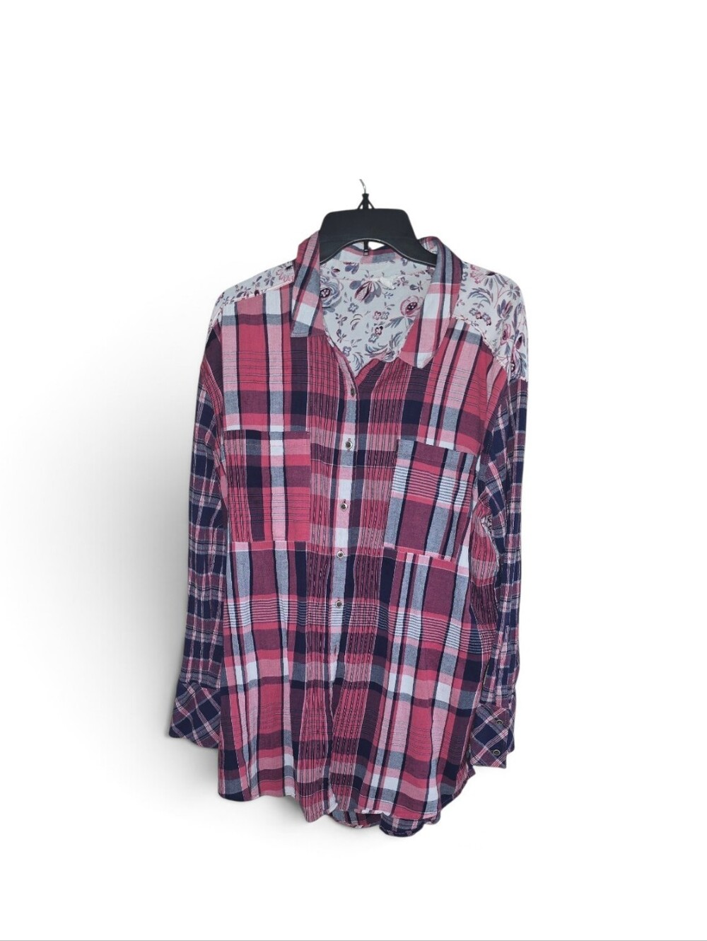 Caslon Pink and Navy Plaid Button-Down Shirt with Floral Yoke